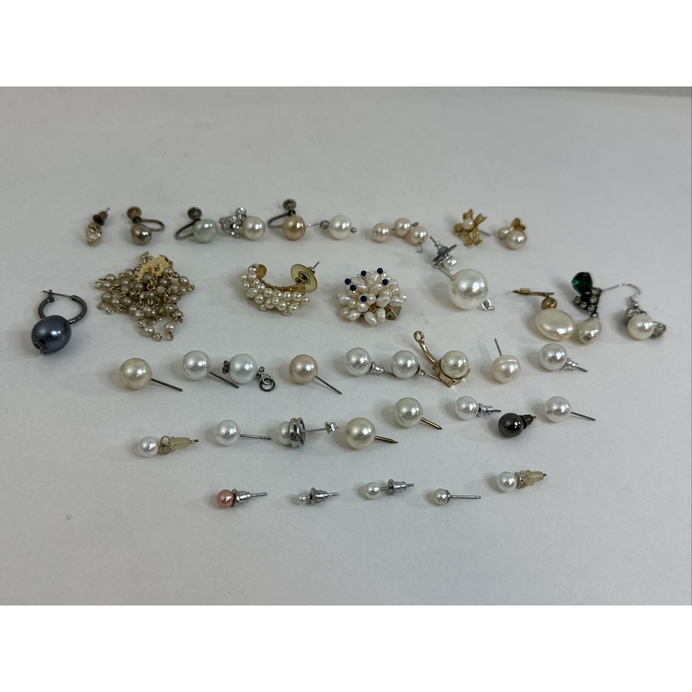 VINTAGE  Lot of 39 Single Faux Pearl Earrings Clip On And Stub